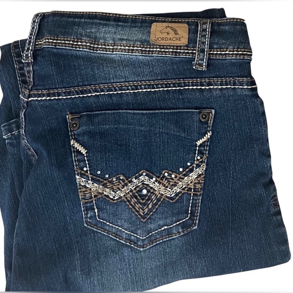 Jordache Denim - Jordache Blue Skinny Jeans, Mid-Rise, Rhinestones, Embroidered, Pockets
